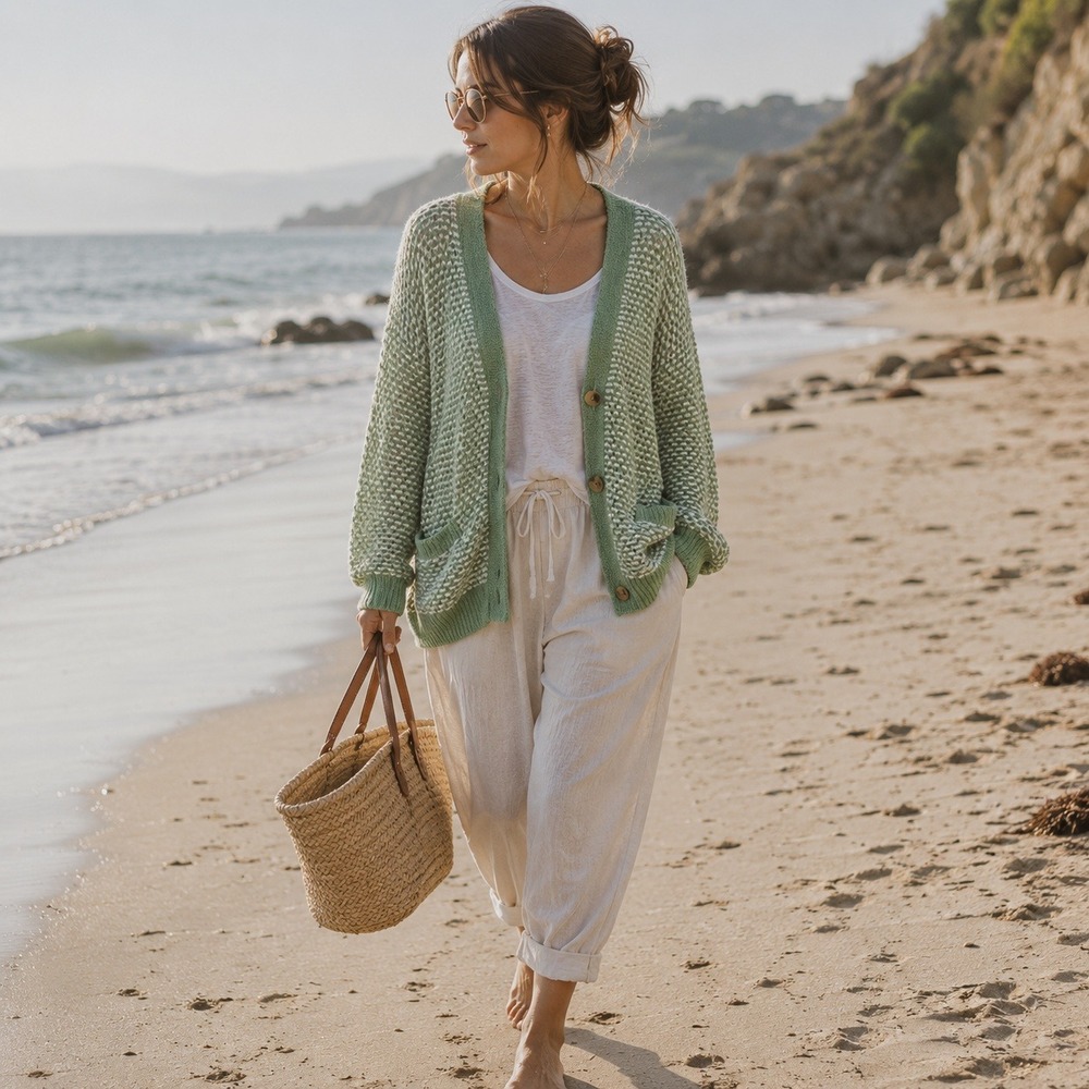 World Market Sage Green White Open Knit Button Front Cardigan Sweater L/XL